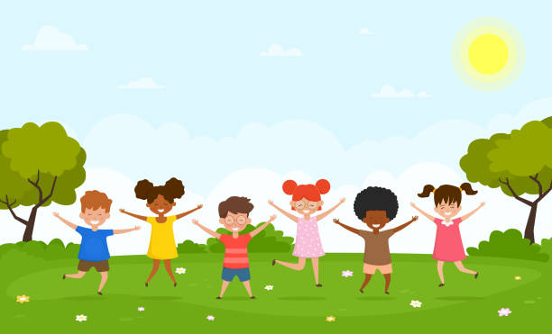 Happy children having fun in nature. Multiracial boys and girls are playing together in outside. Vector illustration.